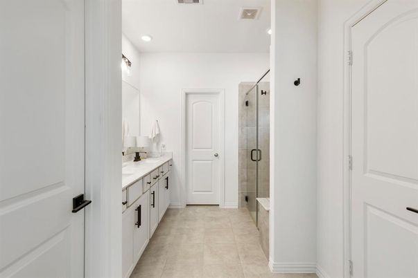 Bathroom, Dual Sink Vanities, Glass Shower, Interior, Recessed Lighting
