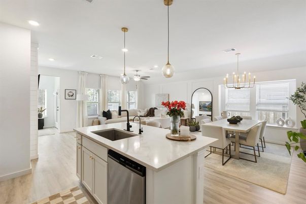Dining room, Interior, Kitchen, Living room, Pendant Lights, Recessed Lighting, Wood Texture Flooring