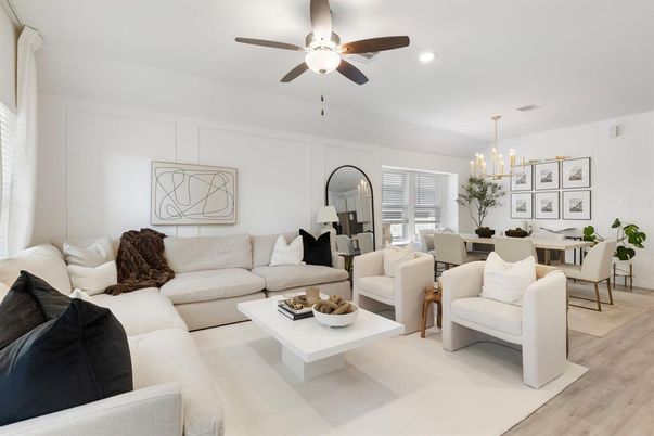 Chandelier, Dining room, Interior, Living room, Recessed Lighting, Wood Texture Flooring