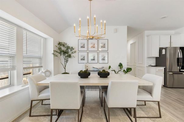 Dining room, Interior, Kitchen, Pendant Lights, Stainless Steel Appliances, Wood Texture Flooring