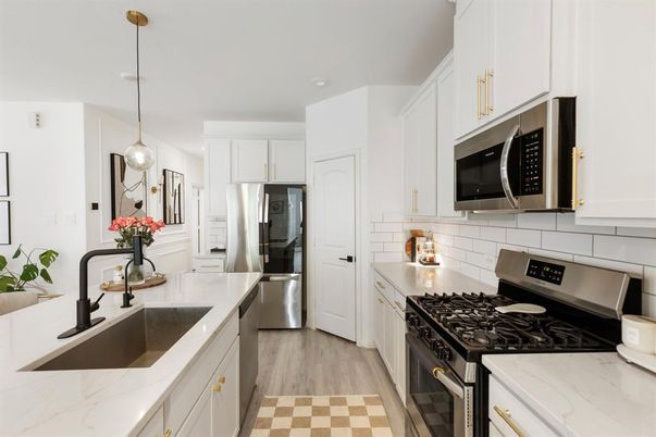 Interior, Kitchen, Pendant Lights, Stainless Steel Appliances, Wood Texture Flooring