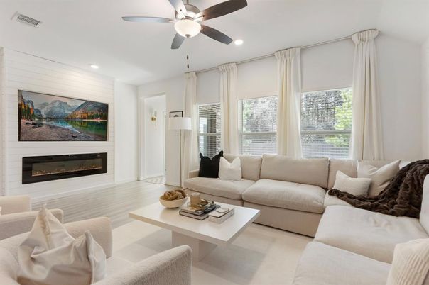 Fireplace, Interior, Living room, Recessed Lighting, Wood Texture Flooring