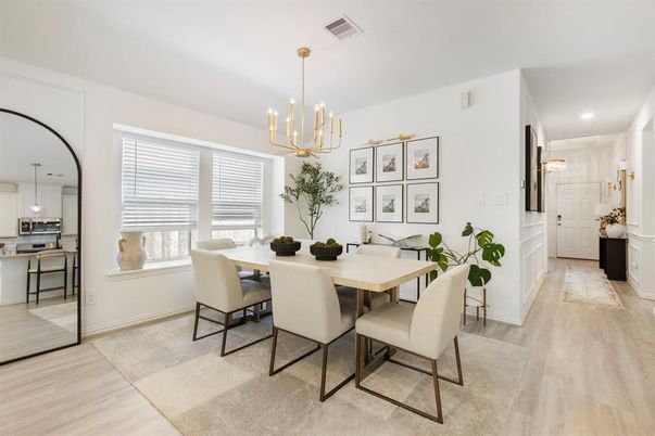 Dining room, Interior, Kitchen, Pendant Lights, Recessed Lighting, Wood Texture Flooring