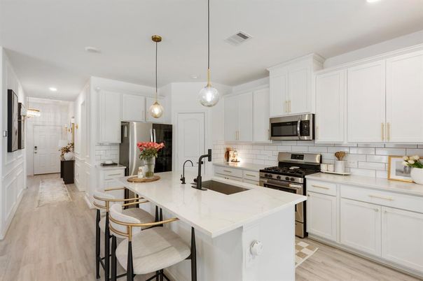 Interior, Kitchen, Pendant Lights, Recessed Lighting, Stainless Steel Appliances, Wood Texture Flooring