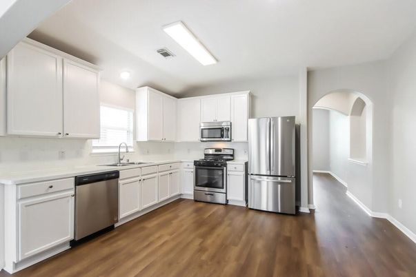 Interior, Kitchen, Recessed Lighting, Stainless Steel Appliances, Wood Texture Flooring