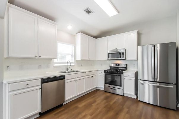 Interior, Kitchen, Recessed Lighting, Stainless Steel Appliances, Wood Texture Flooring