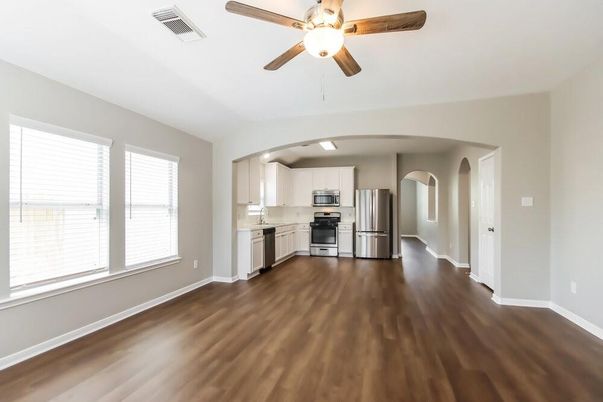 Empty room, Interior, Kitchen, Stainless Steel Appliances, Wood Texture Flooring