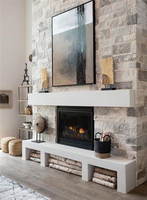 Fireplace, Interior, Stone Walls, Wood Texture Flooring