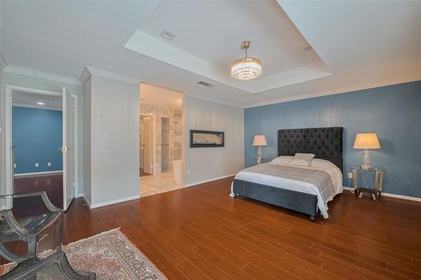 Bedroom, Chandelier, Interior, Wood Texture Flooring