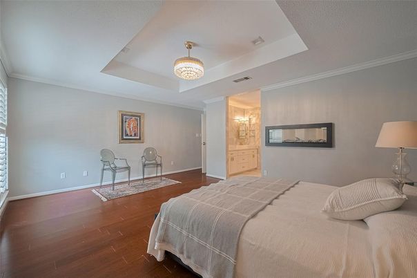 Bedroom, Chandelier, Interior, Wood Texture Flooring