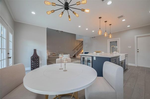 Interior, Kitchen, Pendant Lights, Recessed Lighting, Wood Texture Flooring