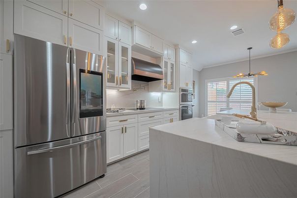 Interior, Kitchen, Pendant Lights, Recessed Lighting, Stainless Steel Appliances, Wood Texture Flooring
