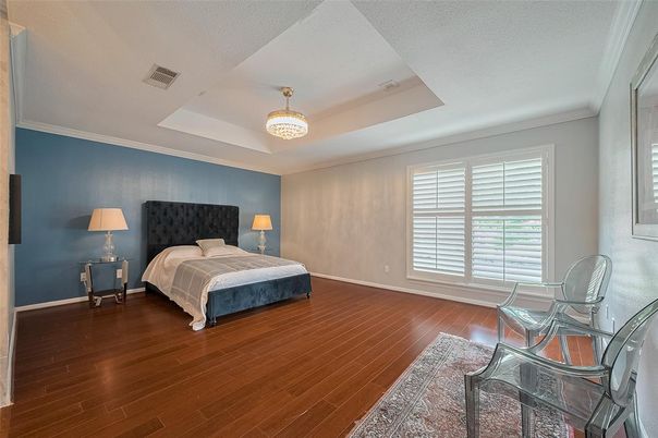 Bedroom, Chandelier, Interior, Wood Texture Flooring