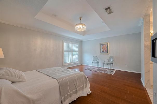 Bedroom, Chandelier, Interior, Wood Texture Flooring