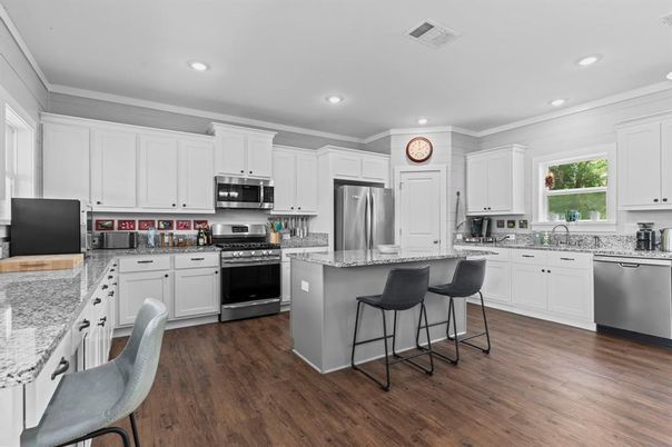 Interior, Kitchen, Recessed Lighting, Stainless Steel Appliances, Wood Texture Flooring