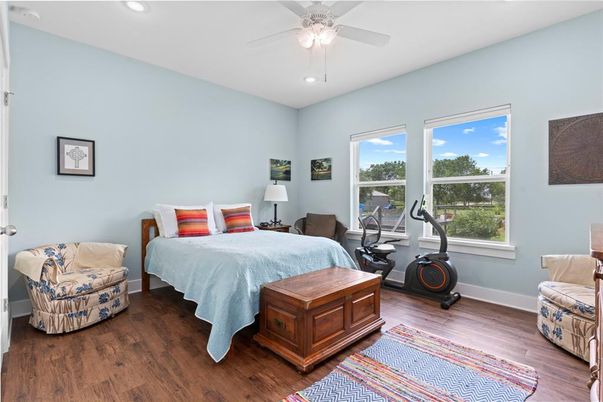 Bedroom, Fitness Equipment, Interior, Recessed Lighting, Wood Texture Flooring