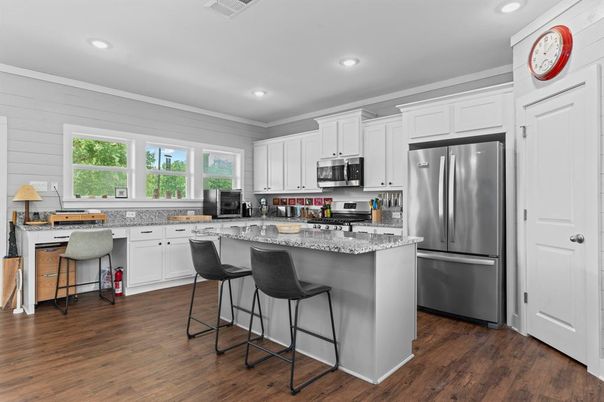 Interior, Kitchen, Recessed Lighting, Stainless Steel Appliances, Wood Texture Flooring