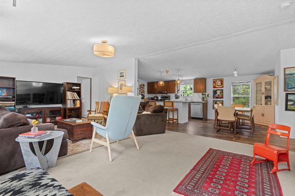 Dining room, Interior, Kitchen, Living room, Pendant Lights, Wood Texture Flooring