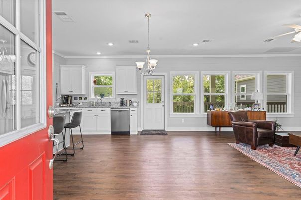 Interior, Kitchen, Pendant Lights, Recessed Lighting, Wood Texture Flooring