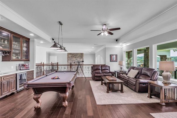 Billiard Table, Game Room, Interior, Living room, Pendant Lights, Recessed Lighting, Stone Walls, Wood Texture Flooring