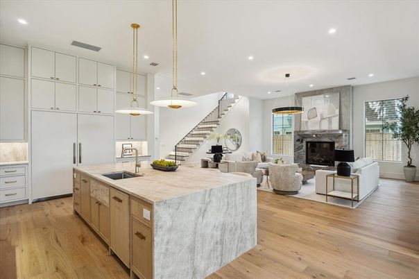 Fireplace, Interior, Kitchen, Living room, Pendant Lights, Recessed Lighting, Wood Texture Flooring