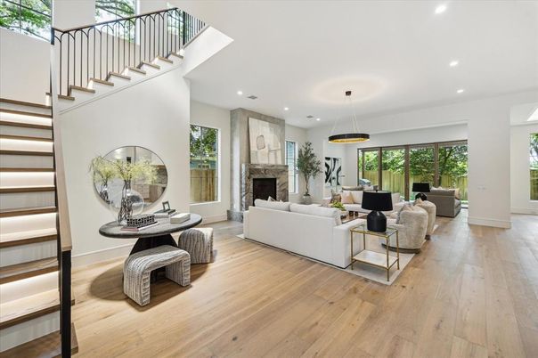 Fireplace, Interior, Living room, Pendant Lights, Recessed Lighting, Wood Texture Flooring