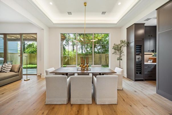 Dining room, Interior, Pendant Lights, Recessed Lighting, Wood Texture Flooring