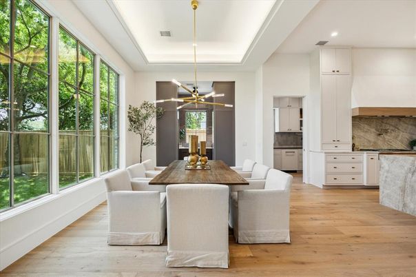 Dining room, Interior, Pendant Lights, Recessed Lighting, Wood Texture Flooring