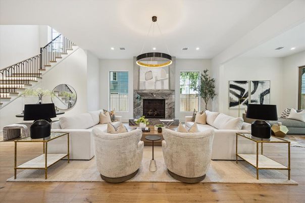 Fireplace, Interior, Living room, Pendant Lights, Recessed Lighting, Wood Texture Flooring