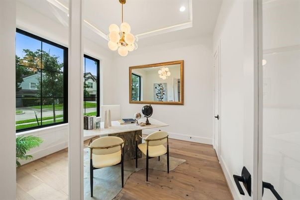 Home Office, Interior, Pendant Lights, Recessed Lighting, Wood Texture Flooring