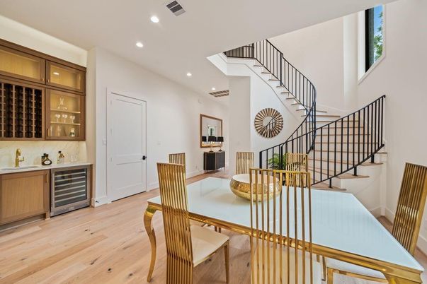 Dining room, Interior, Recessed Lighting, Wood Texture Flooring