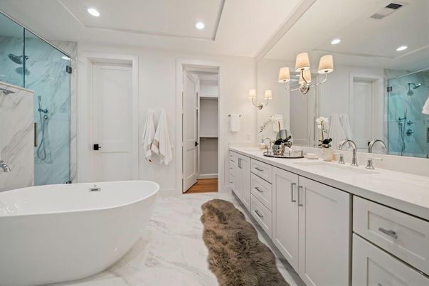 Bathroom, Dual Sink Vanities, Free Standing Baths, Glass Shower, Interior, Marble, Marble Walls, Recessed Lighting