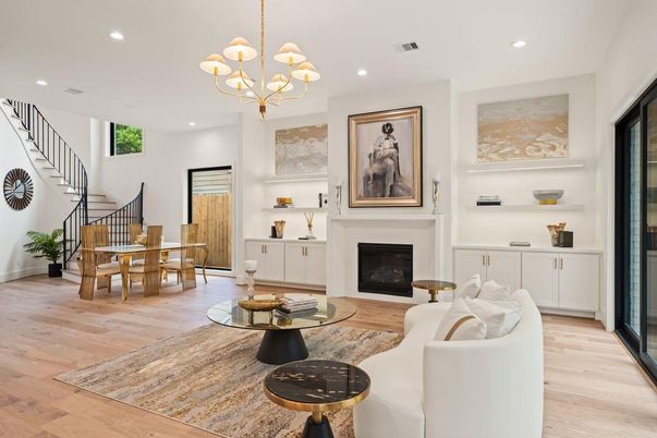 Chandelier, Dining room, Fireplace, Interior, Living room, Recessed Lighting, Wood Texture Flooring