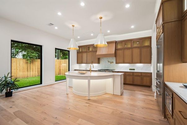 Interior, Kitchen, Pendant Lights, Recessed Lighting, Stainless Steel Appliances, Wood Texture Flooring