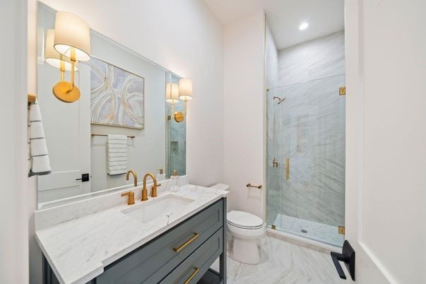 Bathroom, Glass Shower, Interior, Marble, Marble Walls, Recessed Lighting