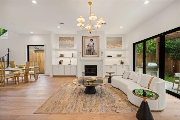Chandelier, Dining room, Fireplace, Interior, Living room, Recessed Lighting, Wood Texture Flooring