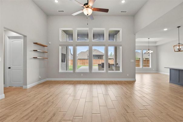 Chandelier, Empty room, Interior, Pendant Lights, Recessed Lighting, Wood Texture Flooring