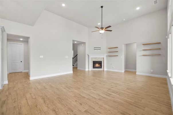Empty room, Fireplace, Interior, Recessed Lighting, Wood Texture Flooring
