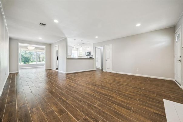 Empty room, Interior, Kitchen, Pendant Lights, Recessed Lighting, Wood Texture Flooring