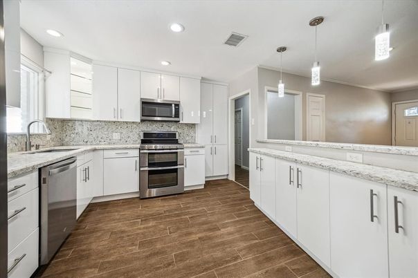 Interior, Kitchen, Pendant Lights, Recessed Lighting, Stainless Steel Appliances, Wood Texture Flooring