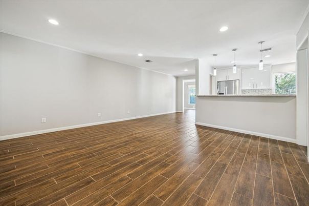 Empty room, Interior, Kitchen, Pendant Lights, Recessed Lighting, Wood Texture Flooring