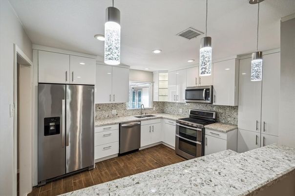 Interior, Kitchen, Pendant Lights, Recessed Lighting, Stainless Steel Appliances, Wood Texture Flooring