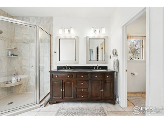 Bathroom, Dual Sink Vanities, Glass Shower, Interior, Marble Walls