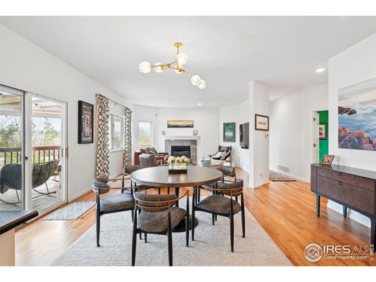 Dining room, Fireplace, Interior, Pendant Lights, Recessed Lighting, Wood Texture Flooring