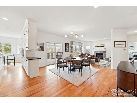 Dining room, Fireplace, Interior, Kitchen, Living room, Recessed Lighting, Wood Texture Flooring