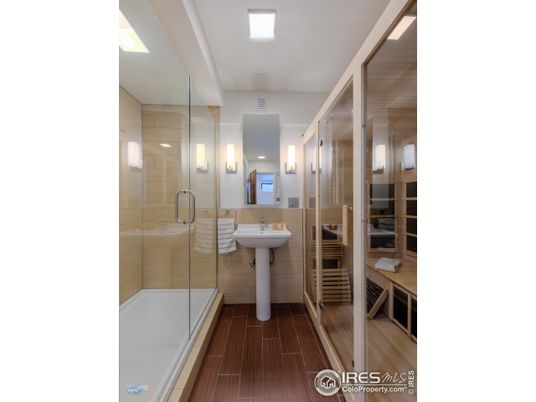Bathroom, Glass Shower, Interior, Recessed Lighting, Wood Texture Flooring