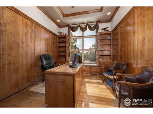 Home Office, Interior, Recessed Lighting, Wood Texture Flooring, Wooden Walls