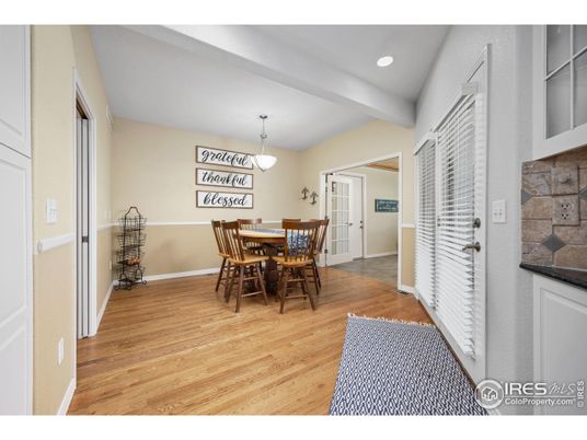 Dining room, Interior, Pendant Lights, Recessed Lighting, Wood Texture Flooring
