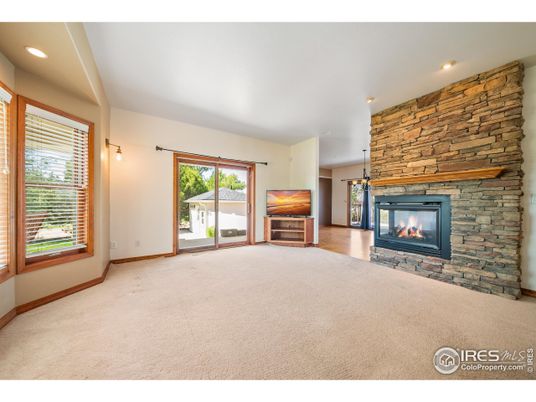 Empty room, Fireplace, Interior, Recessed Lighting, Stone Walls