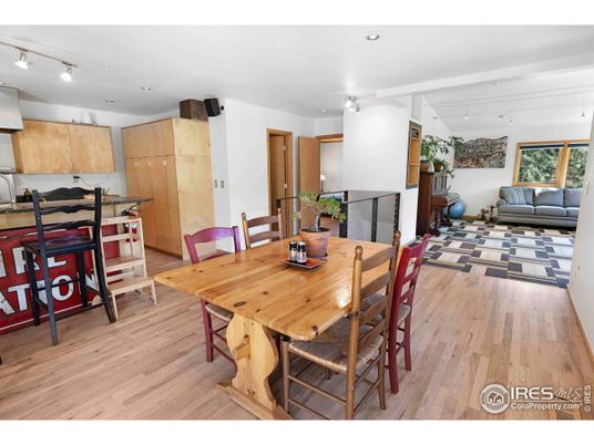 Dining room, Interior, Living room, Recessed Lighting, Wood Texture Flooring